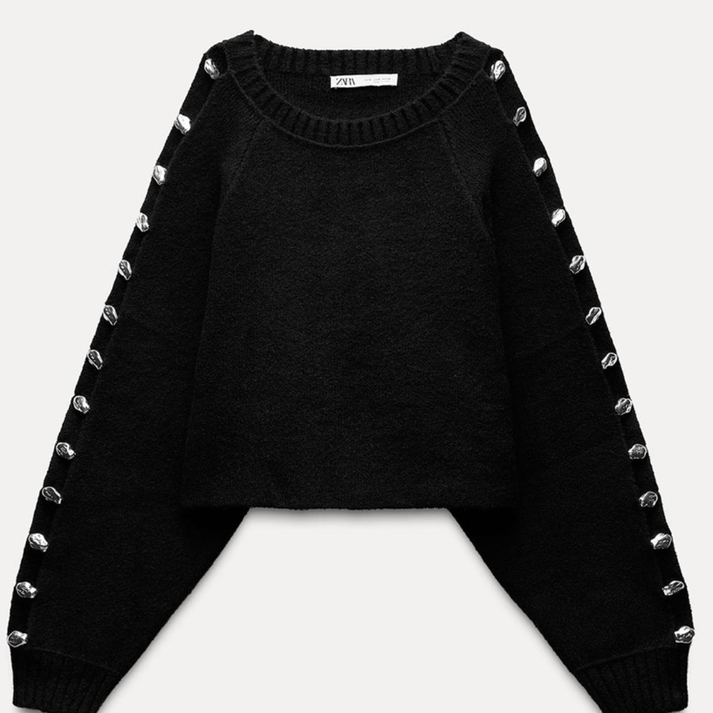 Zara Black Crew Neck Sweater with Unique Sleeve Cutouts